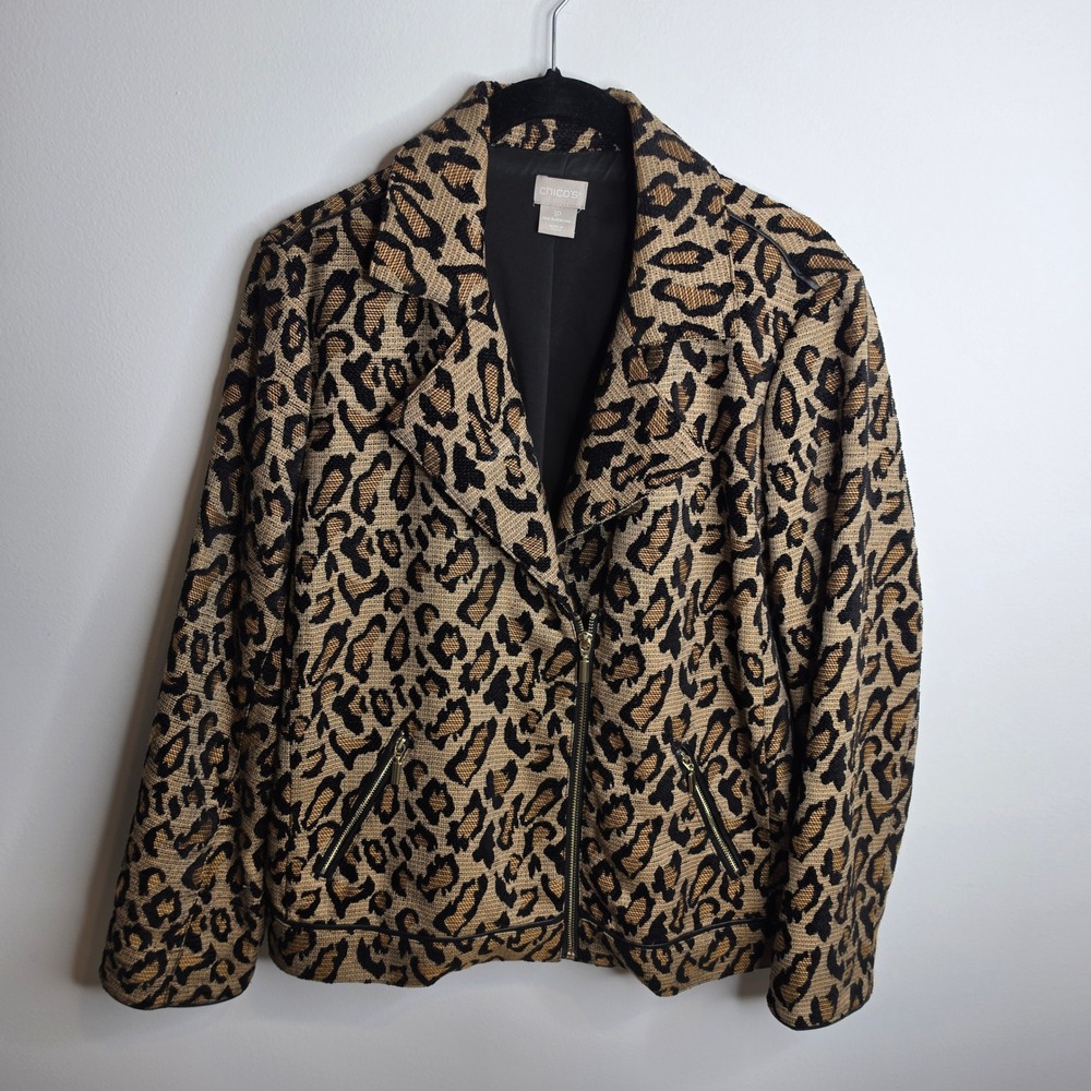 Chico's Moto Jacket Womens 1P (8/10P) Full Zip Leopard Print